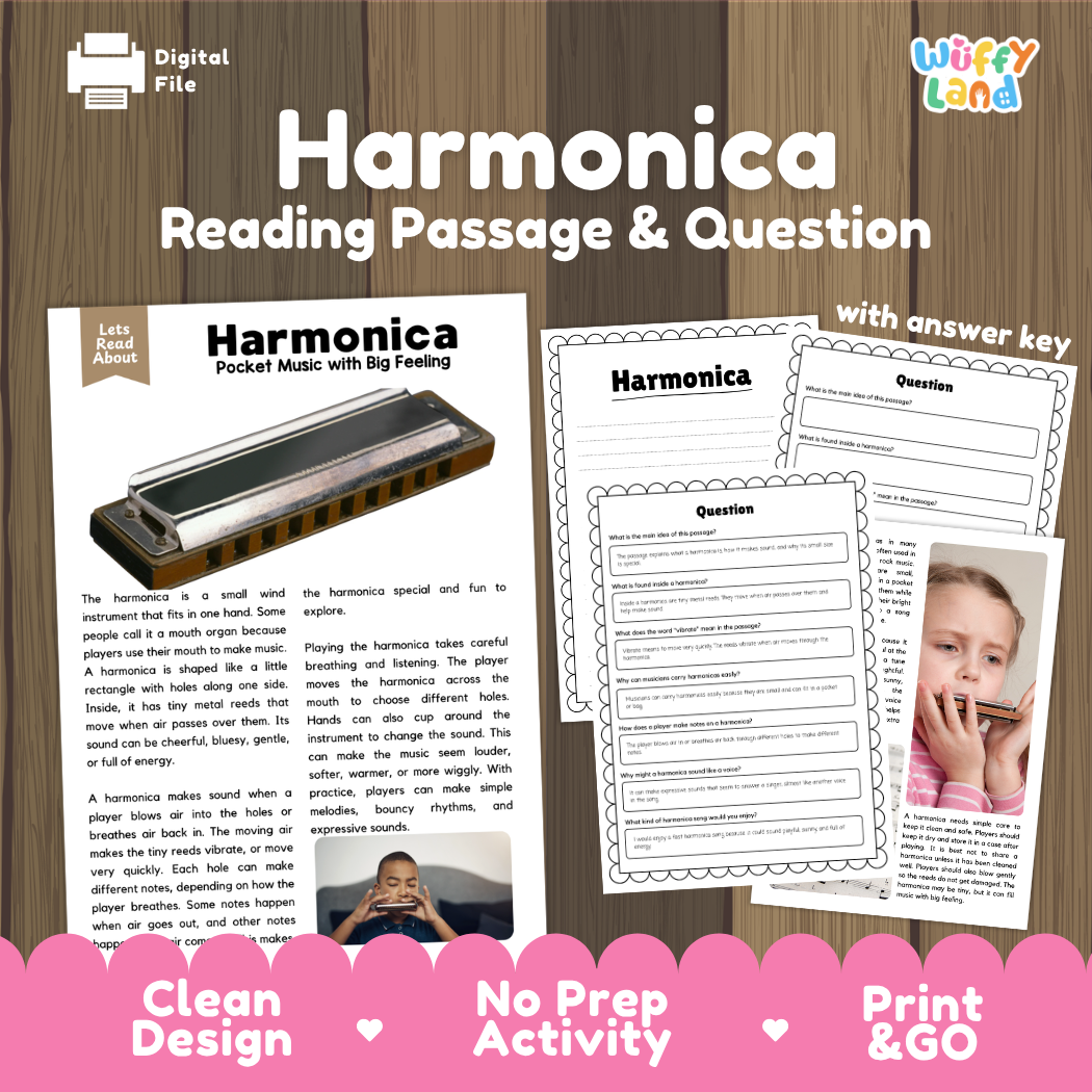 Harmonica reading comprehension passage and questions printable activity pack with answer key for elementary students