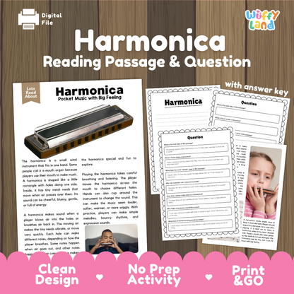Harmonica reading comprehension passage and questions printable activity pack with answer key for elementary students