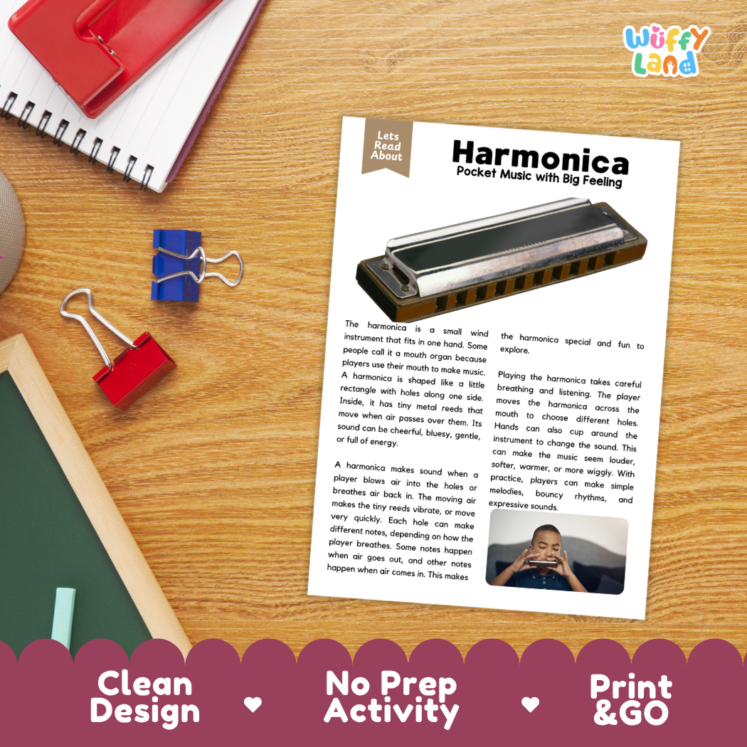 Student reading comprehension worksheet with short-answer questions and lined sections about the harmonica