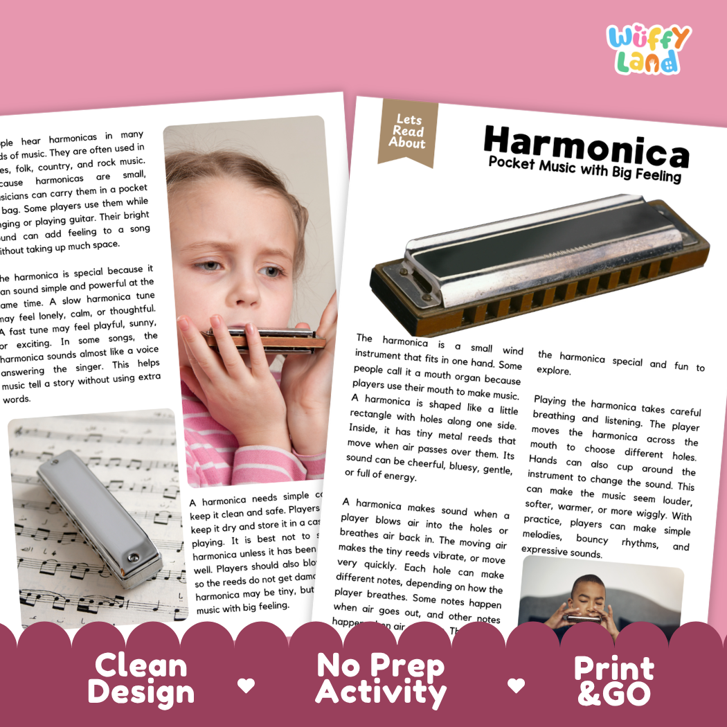 Teacher answer key page showing complete question solutions for Harmonica music education reading comprehension practice