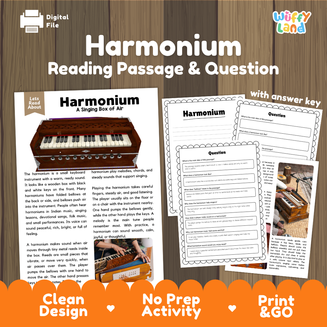 Harmonium reading comprehension passage and questions printable activity pack with answer key for elementary students