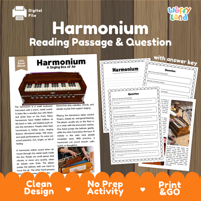 Harmonium reading comprehension passage and questions printable activity pack with answer key for elementary students