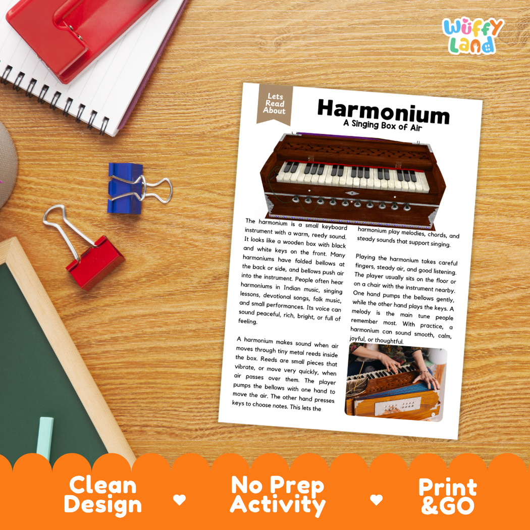 Student reading comprehension worksheet with short-answer questions and lined sections about the harmonium instrument