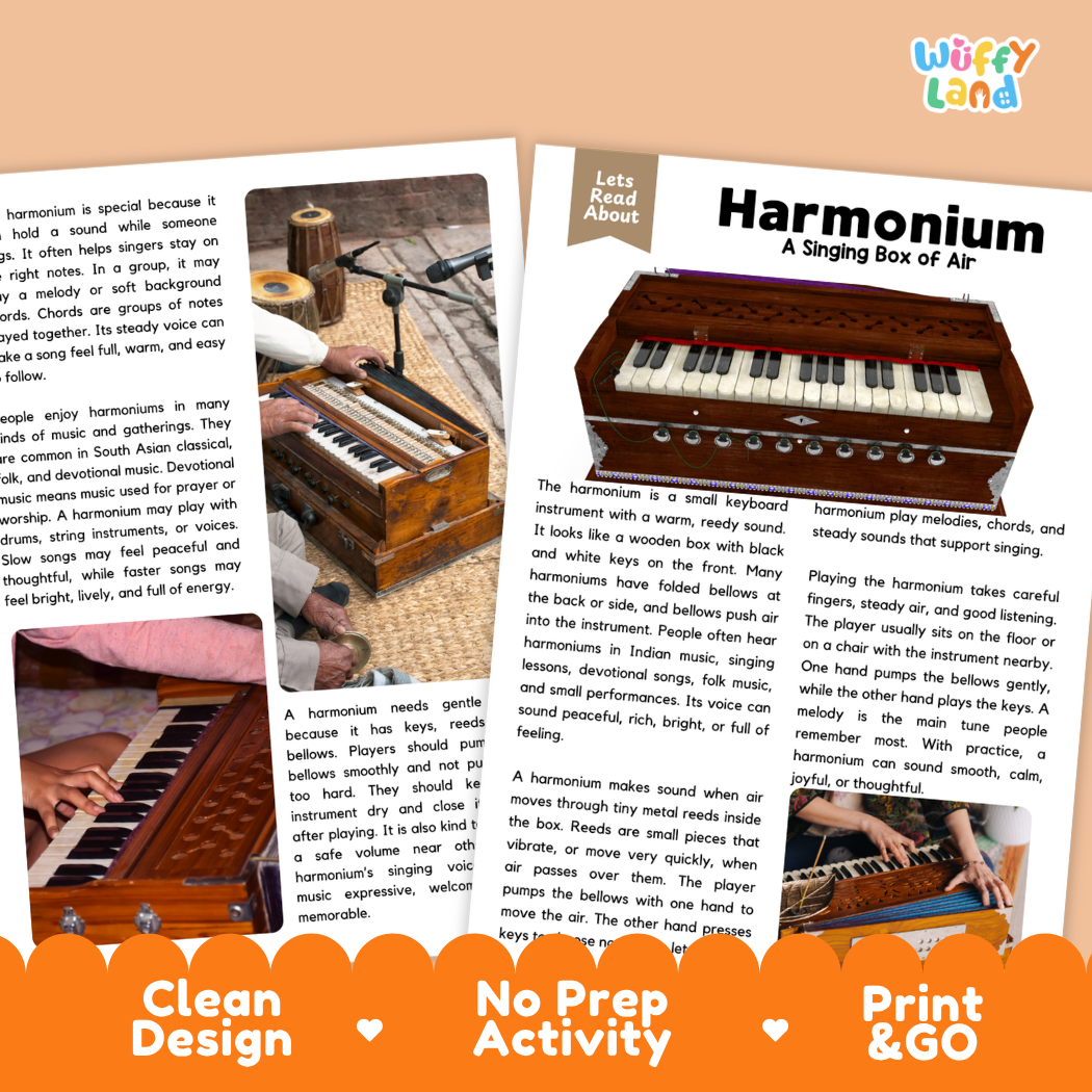 Teacher answer key page showing complete question solutions for Harmonium music education reading comprehension practice