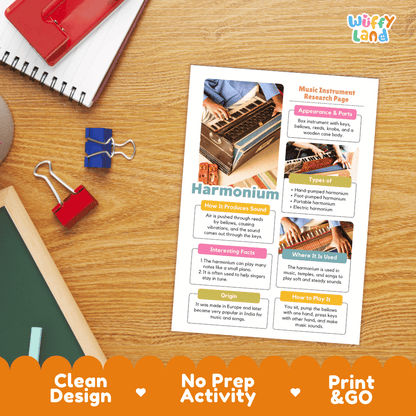 Harmonium Music Research Page Worksheets and Information Poster