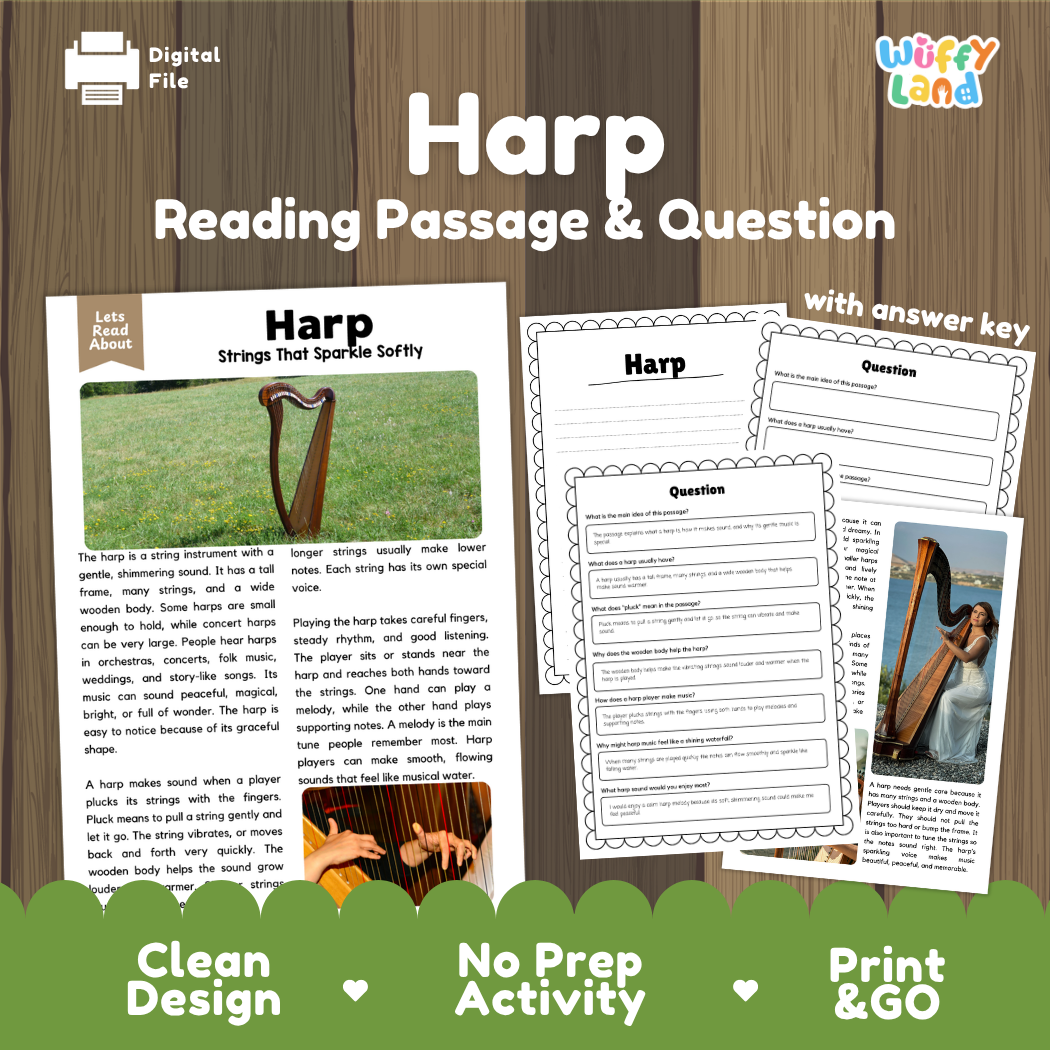 Harp reading comprehension passage and questions printable activity pack with answer key for elementary students