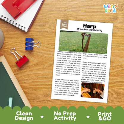 Student reading comprehension worksheet with short-answer questions and lined sections about the harp instrument