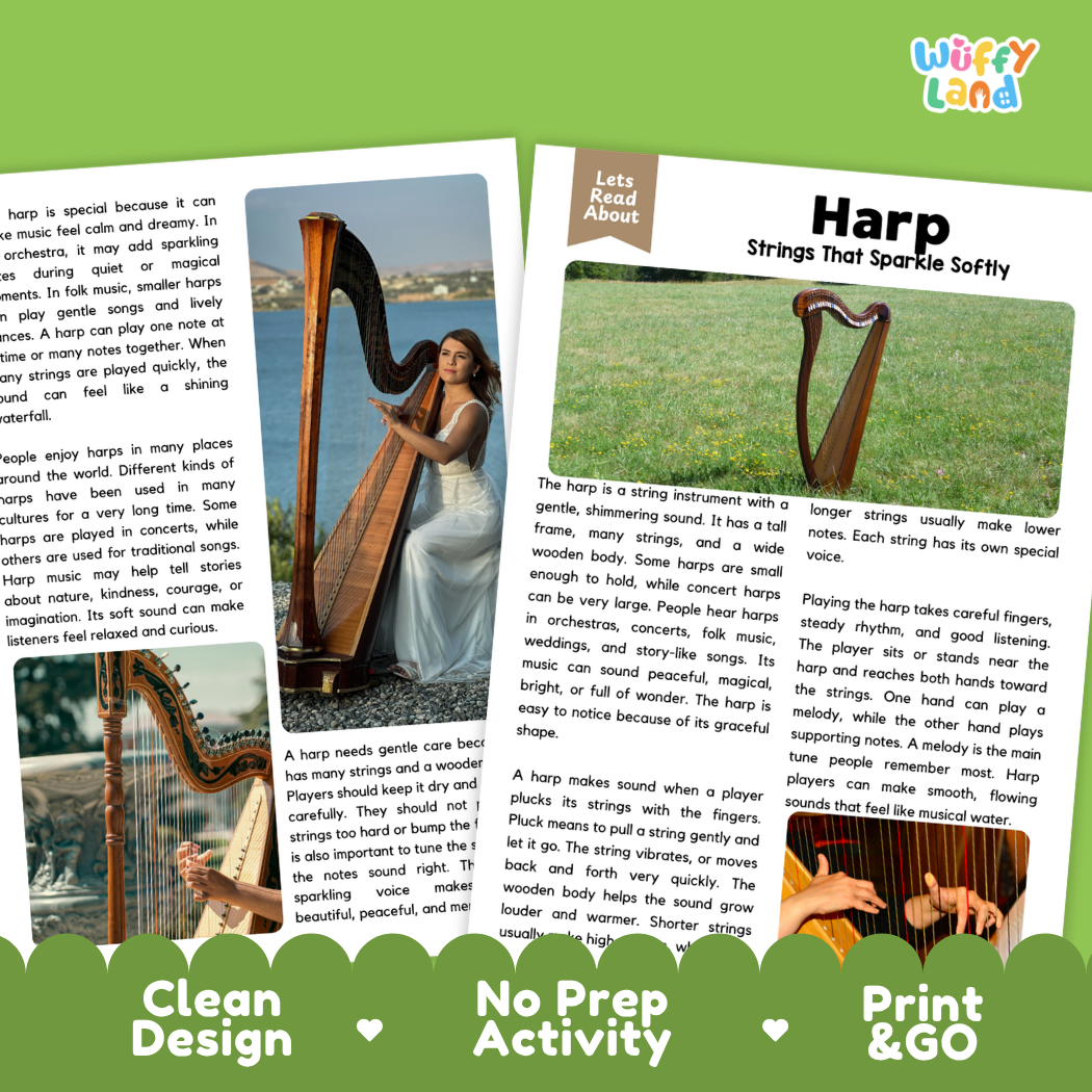 Teacher answer key page showing complete question solutions for Harp music education reading comprehension practice
