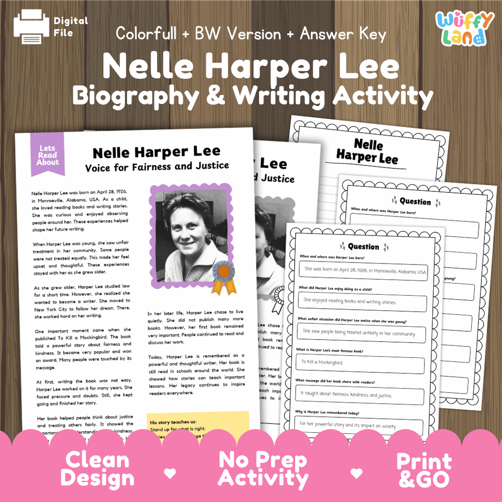 Nelle Harper Lee biography and writing activity pack cover featuring reading passage sheets, questions, and answer keys