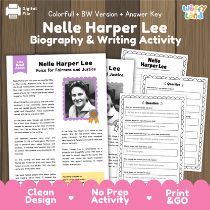 Nelle Harper Lee biography and writing activity pack cover featuring reading passage sheets, questions, and answer keys