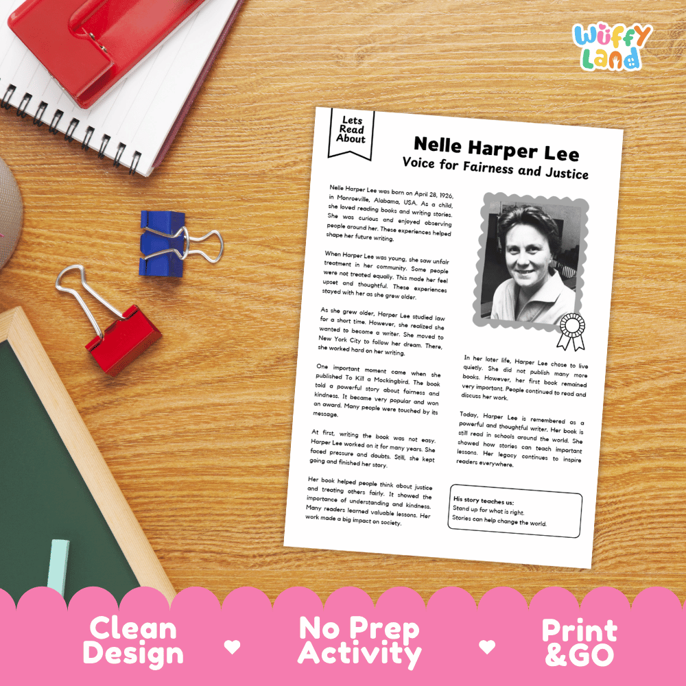 Student reading comprehension question worksheets paired with a completed teacher answer key sheet about Harper Lee