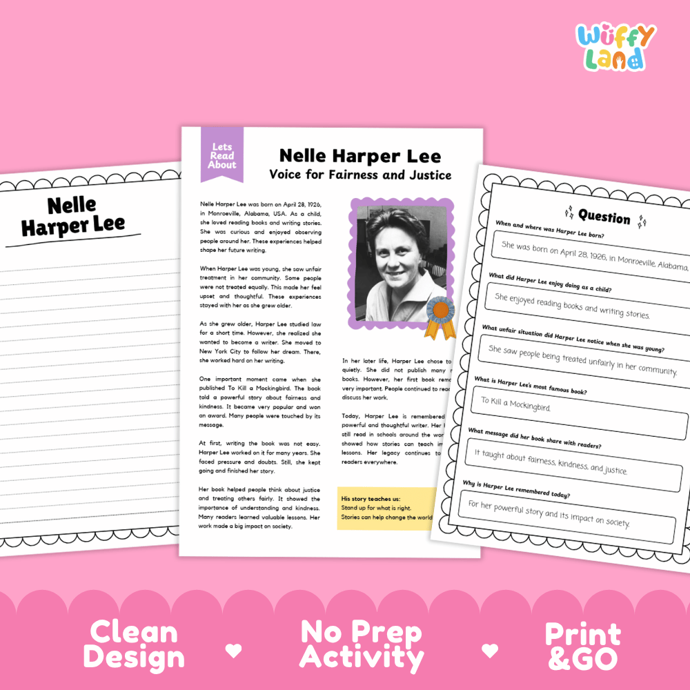Educational biography reading passage titled Nelle Harper Lee Voice for Fairness and Justice with author portrait