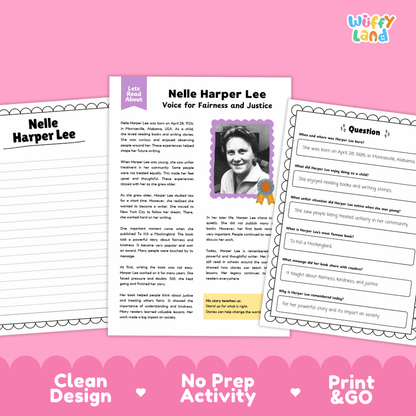 Educational biography reading passage titled Nelle Harper Lee Voice for Fairness and Justice with author portrait