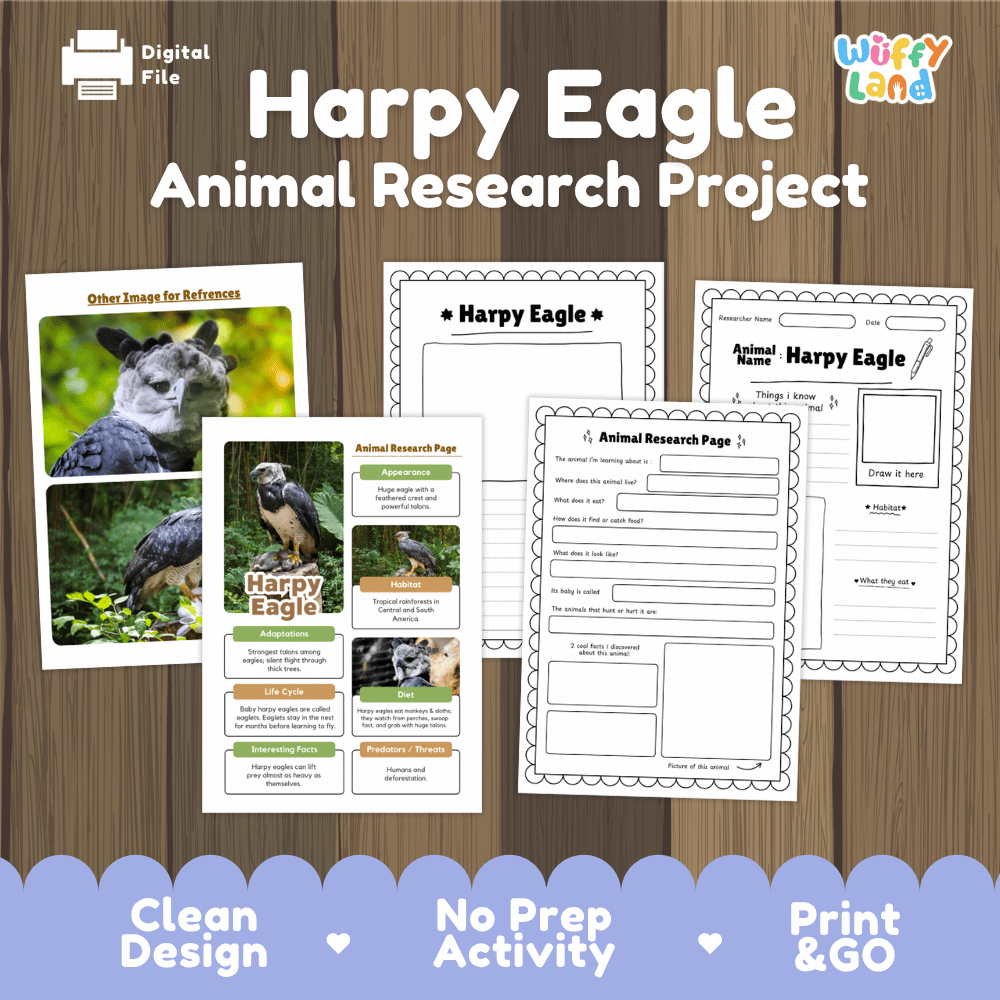 Digital educational resource cover for a 'Harpy Eagle Animal Research Project' by Wiffy Land, featuring sample pages of an animal research report and other image reference sheets on a wood background with feature callouts at the bottom.