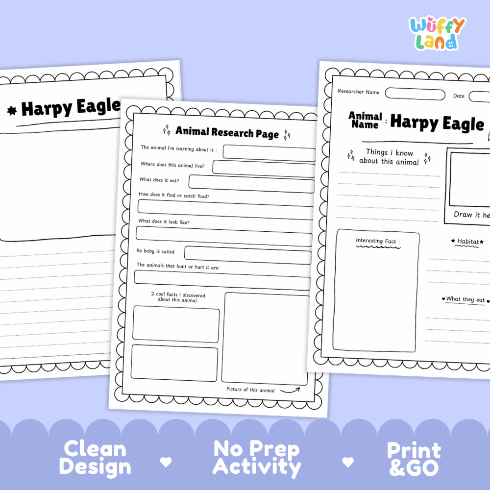Three printable educational worksheet pages for an animal research project, titled 'Harpy Eagle,' shown on a light blue background with marketing text at the bottom reading 'Clean Design,' 'No Prep Activity,' and 'Print & GO.' The sheets are white with black text and outlines, and the 'Wiffy Land' logo appears in the top right.