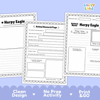 Three printable educational worksheet pages for an animal research project, titled 'Harpy Eagle,' shown on a light blue background with marketing text at the bottom reading 'Clean Design,' 'No Prep Activity,' and 'Print & GO.' The sheets are white with black text and outlines, and the 'Wiffy Land' logo appears in the top right.