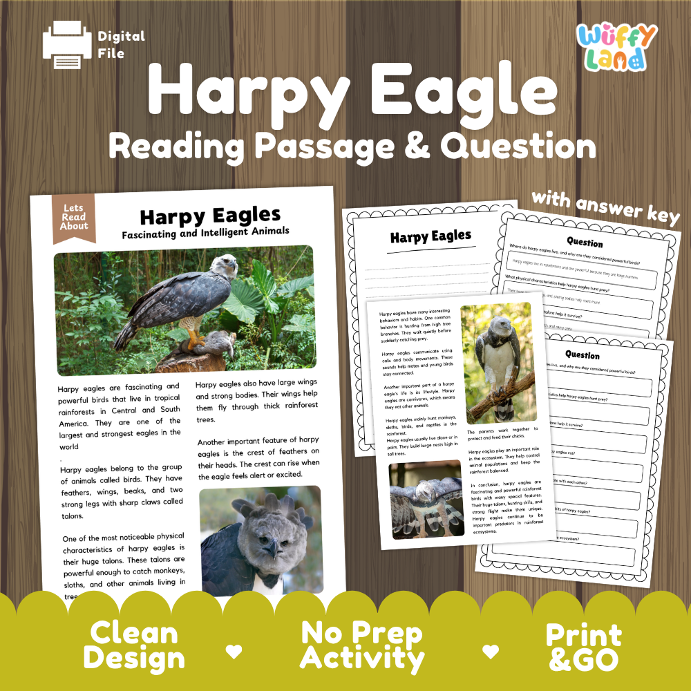 Digital reading activity sheet set titled 'Harpy Eagle Reading Passage & Question' on a wood background, showing the passage page, worksheet pages, and a 'with answer key' note. Brand logo 'Wiffy Land' appears in the top right.