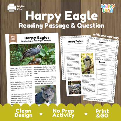 Digital reading activity sheet set titled 'Harpy Eagle Reading Passage & Question' on a wood background, showing the passage page, worksheet pages, and a 'with answer key' note. Brand logo 'Wiffy Land' appears in the top right.