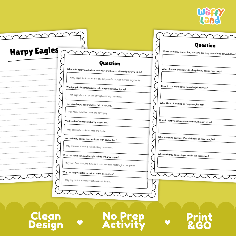 Three printable educational activity sheets for a Harpy Eagle science lesson, displayed on a bright yellow-green background. The sheets feature black and white text boxes with questions about harpy eagles.
