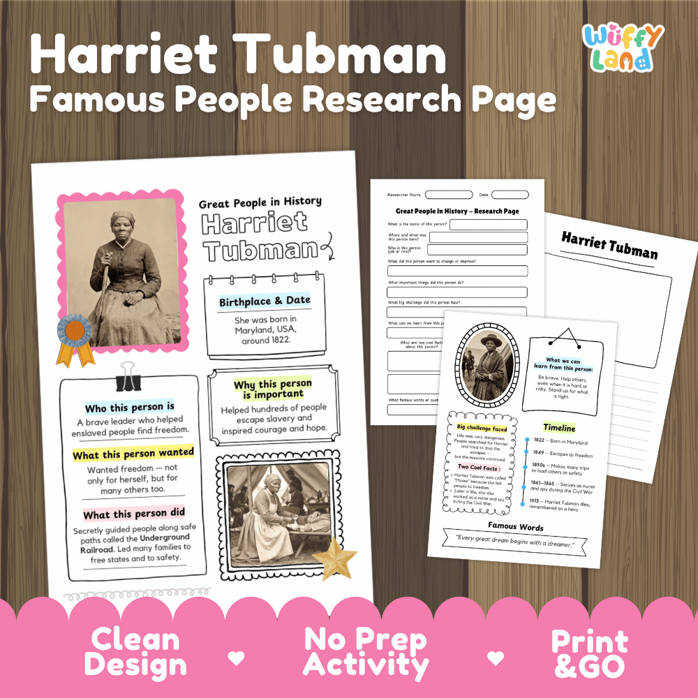 A product listing graphic for a printable educational resource: a Harriet Tubman 'Famous People Research Page' activity sheet. The design shows multiple printed page layouts on a wood-textured background with a pink banner at the bottom reading 'Clean Design', 'No Prep Activity', and 'Print & GO'.