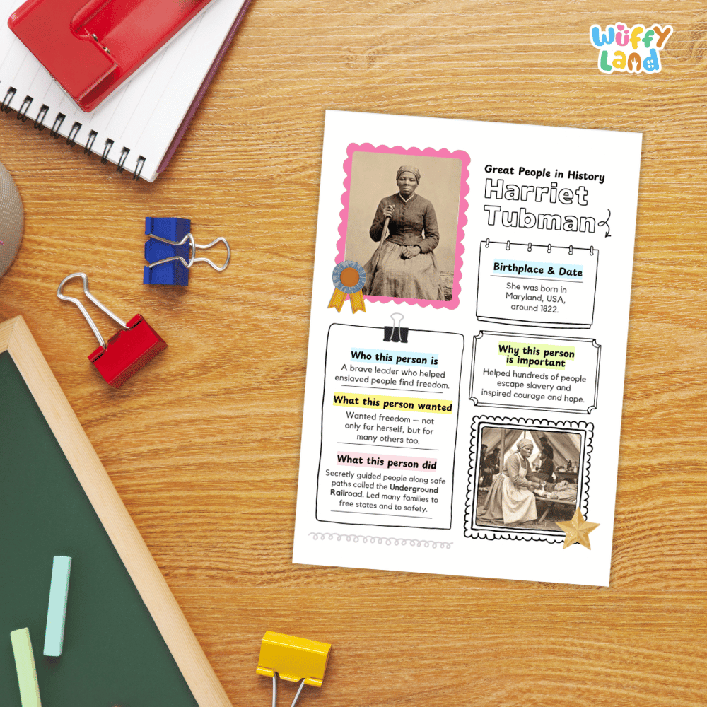 A children's educational worksheet about Harriet Tubman styled on a wooden desk with school supplies. The white worksheet features black text, vintage-style photos of Harriet Tubman, and decorative pink, blue, and yellow borders.