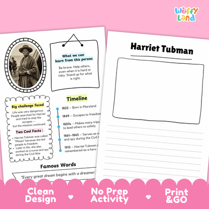 Two printable educational activity sheets for a Harriet Tubman lesson, displayed on a pink background with the brand name 'Wiffly Land' in the top right. The left sheet contains text boxes, a small portrait photo, a timeline, and a 'Big challenge faced' section.