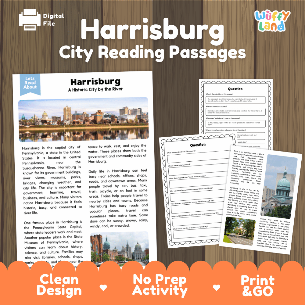 Harrisburg city reading passages and comprehension worksheet educational unit featuring nonfiction text and authentic Harrisburg Pennsylvania skyline and river photography
