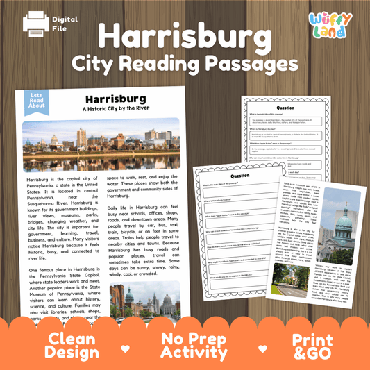 Harrisburg city reading passages and comprehension worksheet educational unit featuring nonfiction text and authentic Harrisburg Pennsylvania skyline and river photography