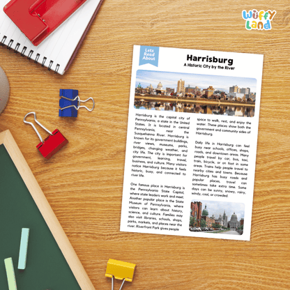 Lined reading comprehension question worksheet covering main ideas vocabulary terms and landmark facts about Harrisburg Pennsylvania
