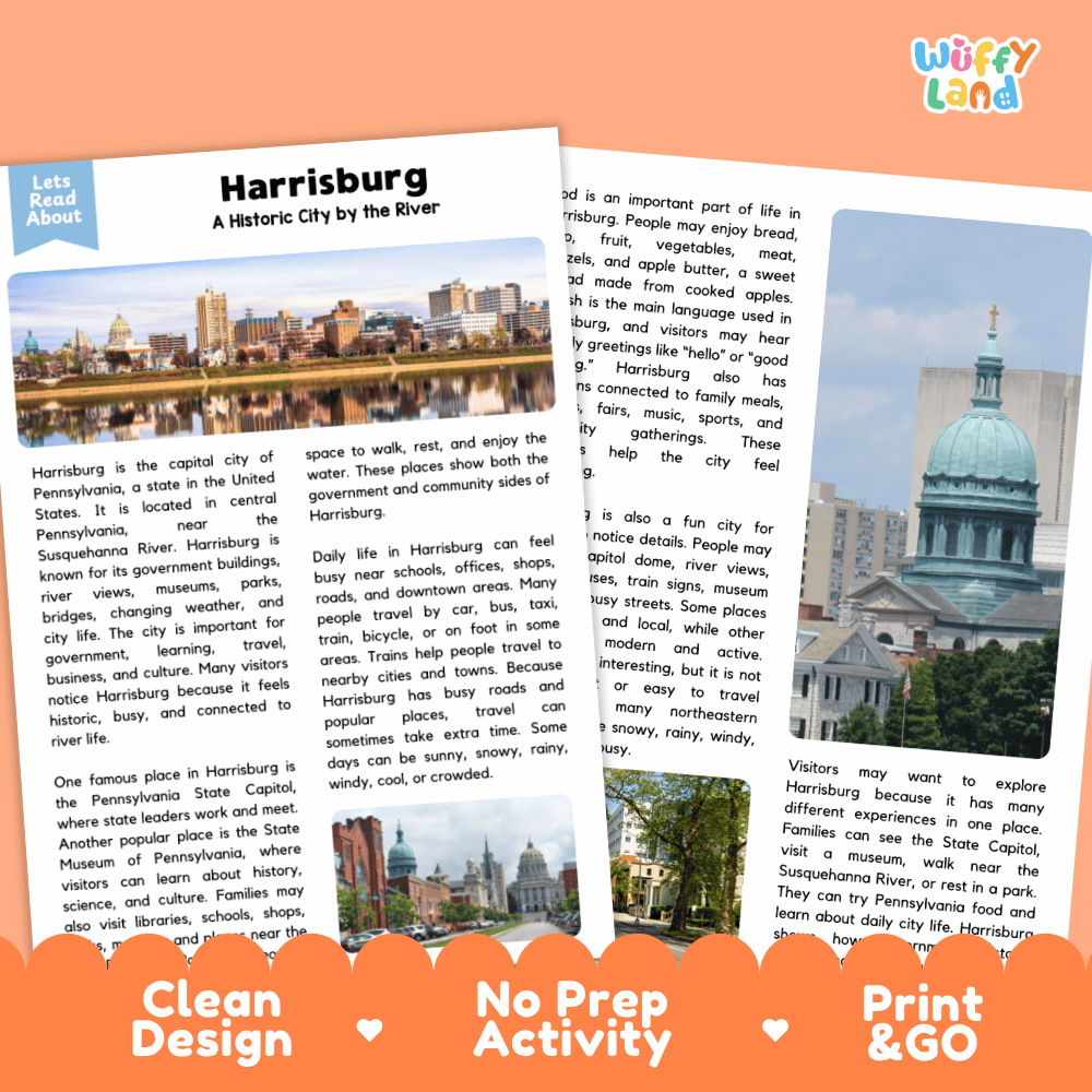 Reference sheet and answer key for Harrisburg landmark reading passage displaying completed comprehension answers and United States geography facts