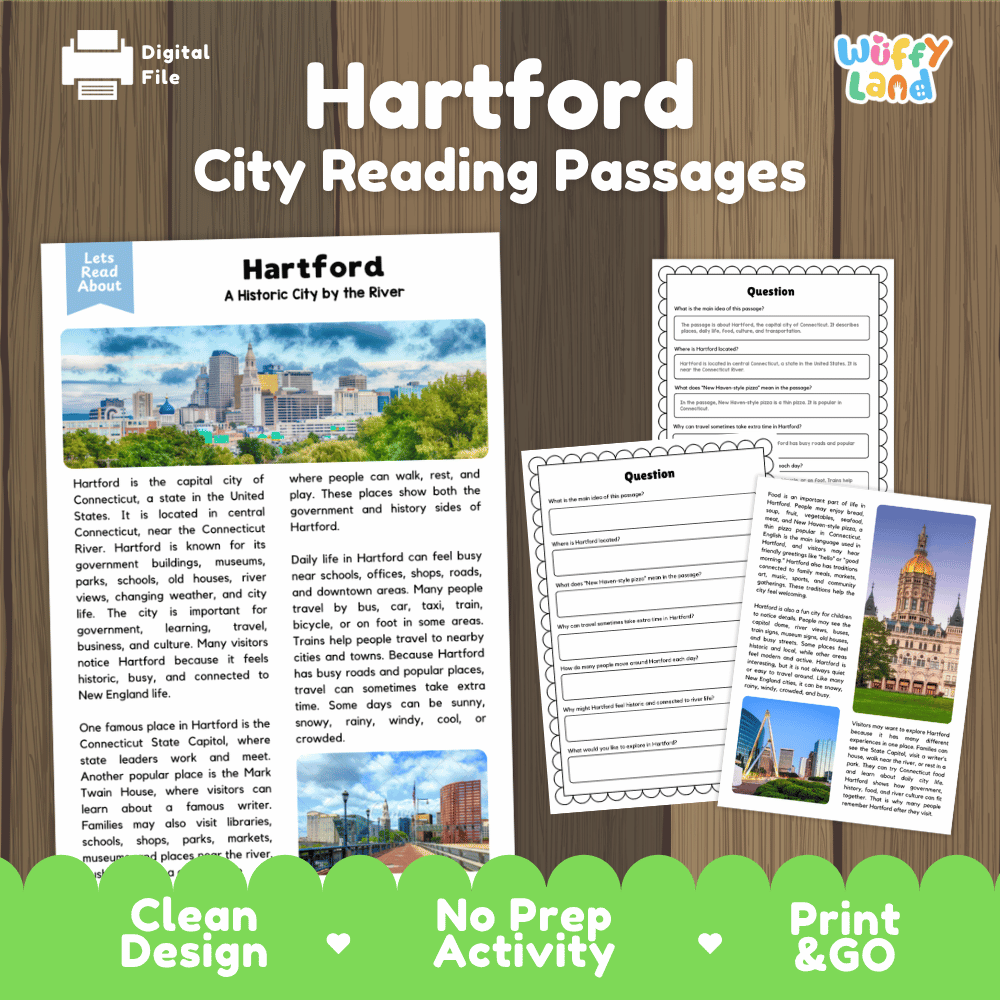 Hartford city reading passages and comprehension worksheet educational unit featuring nonfiction text and authentic Hartford Connecticut skyline and river photography