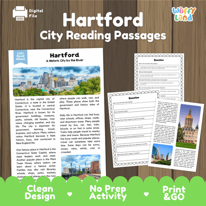 Hartford city reading passages and comprehension worksheet educational unit featuring nonfiction text and authentic Hartford Connecticut skyline and river photography
