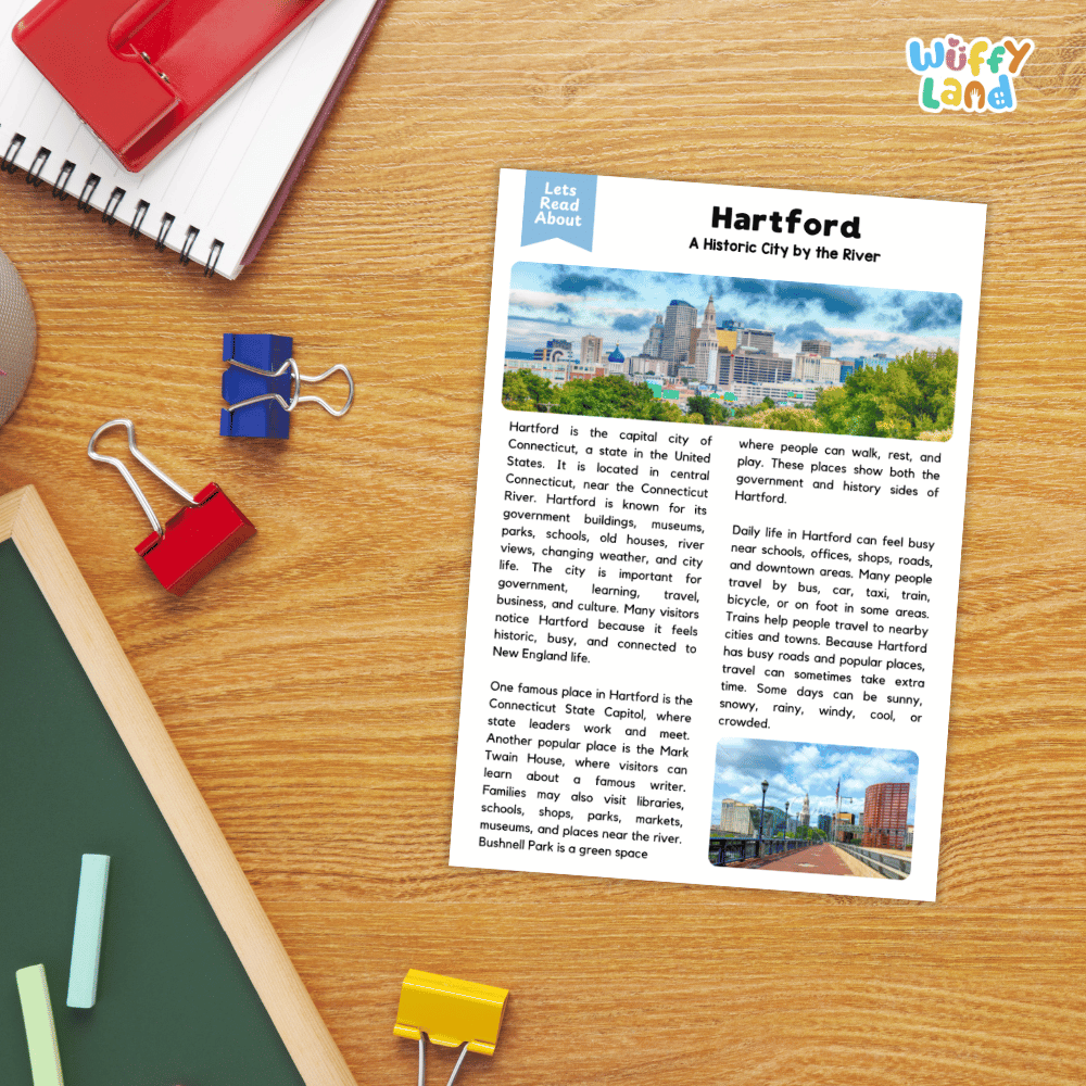 Lined reading comprehension question worksheet covering main ideas vocabulary terms and landmark facts about Hartford Connecticut