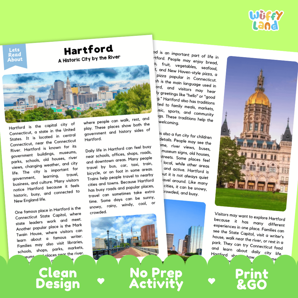 Reference sheet and answer key for Hartford landmark reading passage displaying completed comprehension answers and United States geography facts
