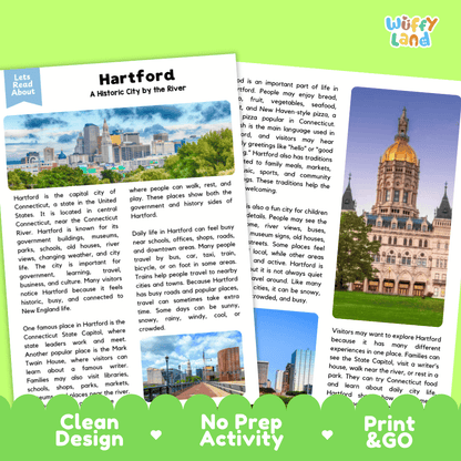 Reference sheet and answer key for Hartford landmark reading passage displaying completed comprehension answers and United States geography facts