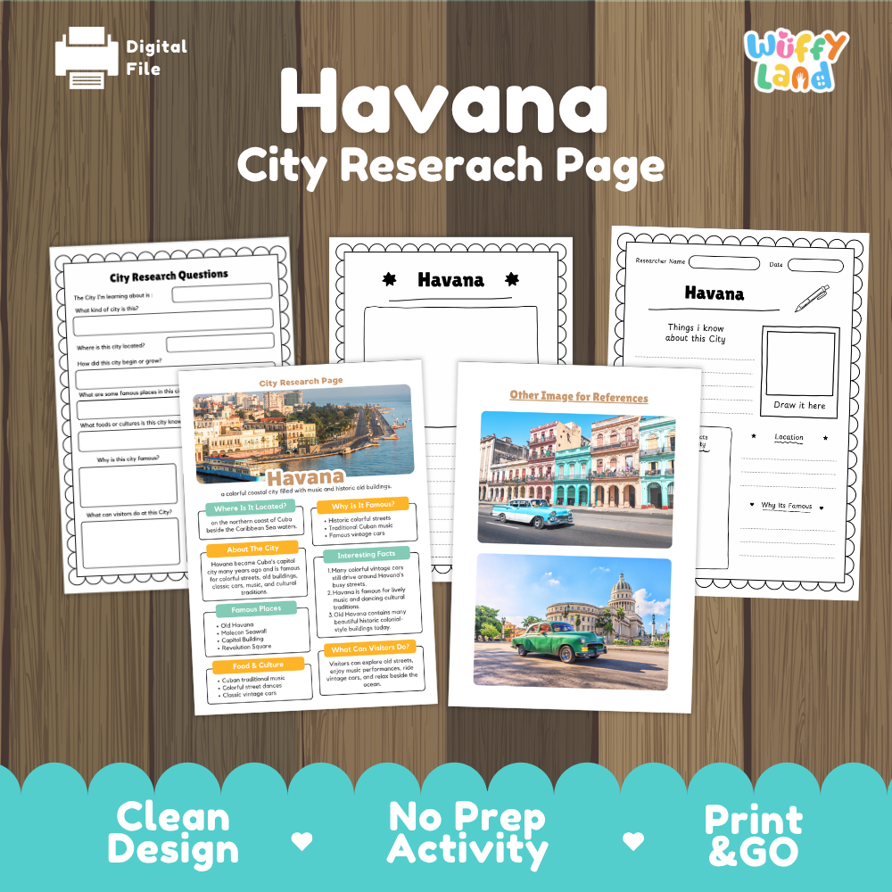 A digital preview of a printable 'Havana City Research Page' activity sheet set, shown on a wood-grain background with three sample pages and a colorful teal banner at the bottom. The brand logo 'Wiffly Land' appears in the top right.