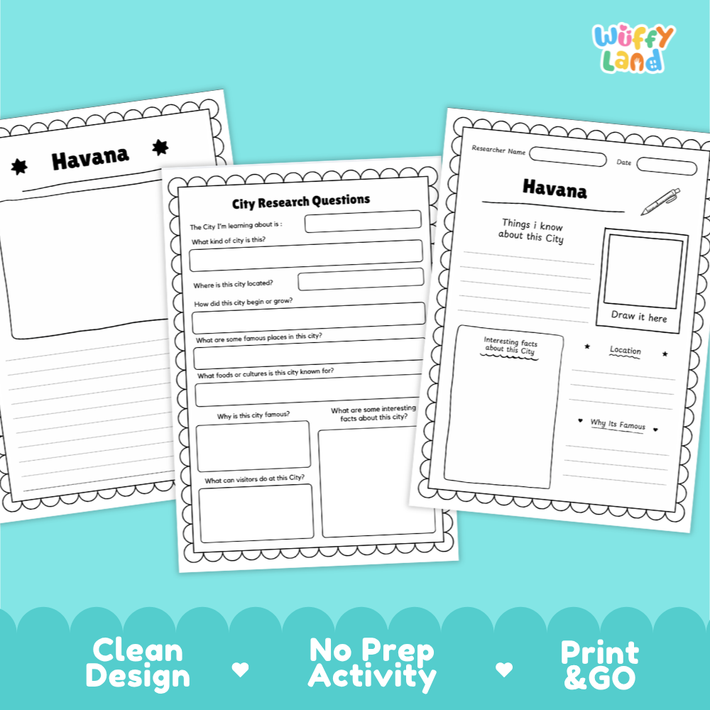 Three printable city research activity sheets for Havana are shown on a bright aqua background with decorative text at the bottom. The sheets are black-and-white printable templates with headings like 'Havana,' 'City Research Questions,' and 'Things I know about this city.