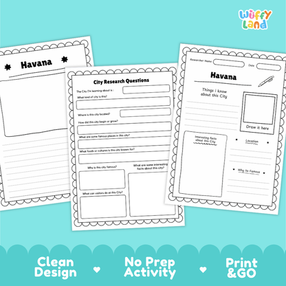 Three printable city research activity sheets for Havana are shown on a bright aqua background with decorative text at the bottom. The sheets are black-and-white printable templates with headings like 'Havana,' 'City Research Questions,' and 'Things I know about this city.