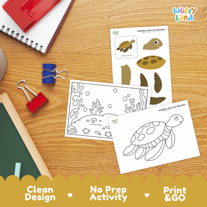 Hawksbill Sea Turtle Cut and Paste Craft and Coloring Activity Worksheets