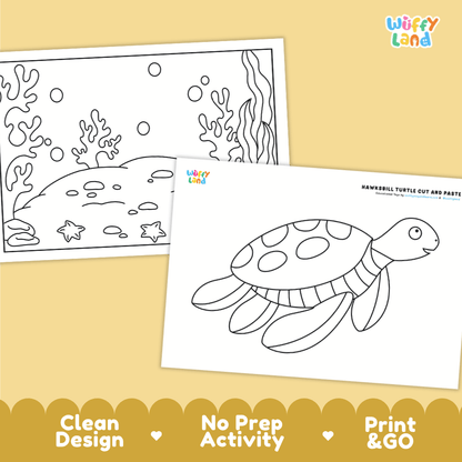 Hawksbill Sea Turtle Cut and Paste Craft and Coloring Activity Worksheets