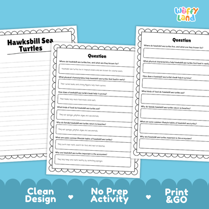 Hawksbill Sea Turtle Reading Passage and Comprehension Questions Worksheets