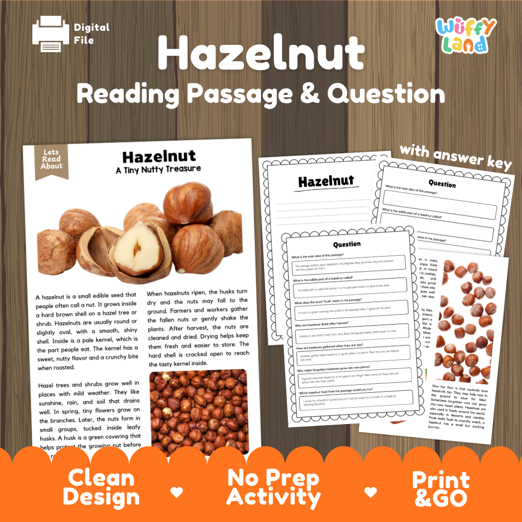 Digital reading passage activity sheet set titled 'Hazelnut Reading Passage & Question' on a wood background, showing printable pages with text, images of hazelnuts, and answer question areas. Brand logo 'Wiffly Land' appears in the top right.