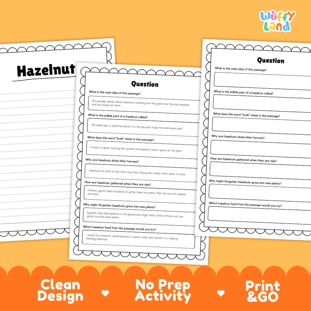 Three printable worksheet pages for an educational activity about hazelnuts, shown on an orange background with promotional text reading 'Clean Design', 'No Prep Activity', and 'Print & GO'. The top right corner shows the brand name 'Wiffly Land'.