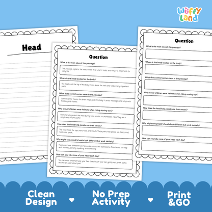 Informational reading passage page detailing the human head skull brain five senses and safety habits with photos