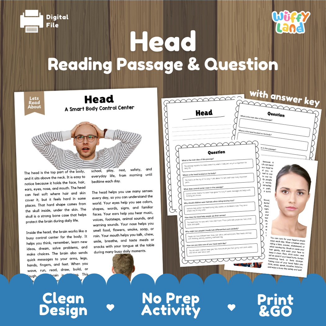 Head reading comprehension passage and questions printable activity pack with answer key for elementary students