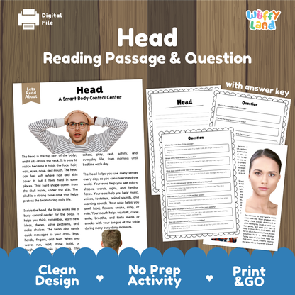 Head reading comprehension passage and questions printable activity pack with answer key for elementary students