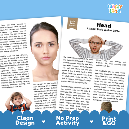 Teacher answer key page showing complete question solutions for Head human body reading comprehension practice