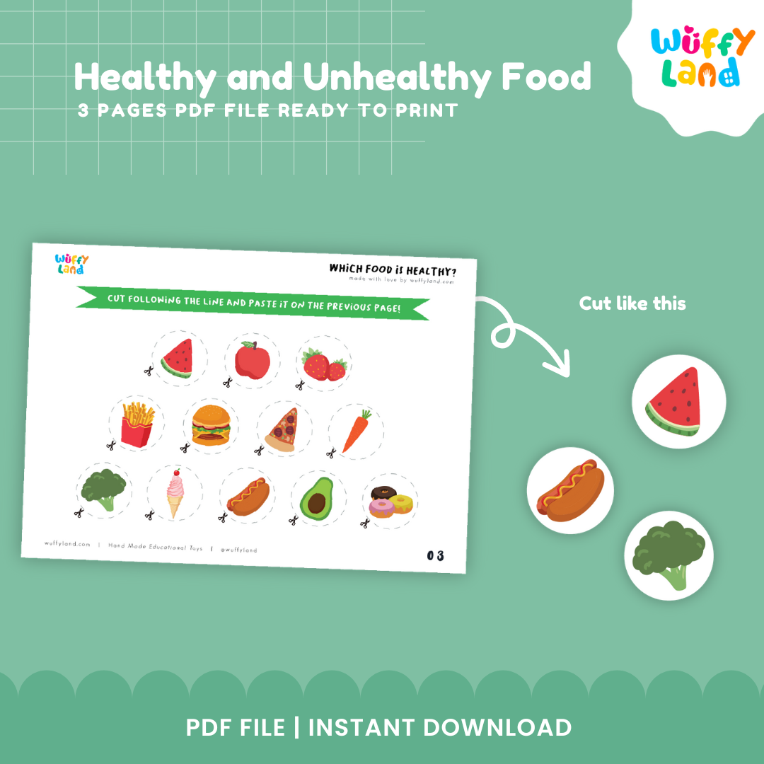 Early learning cut and paste food sheet with dotted cutting circles around broccoli, apple, fries, burger, and pizza ✂️🥕