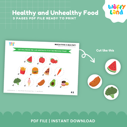 Early learning cut and paste food sheet with dotted cutting circles around broccoli, apple, fries, burger, and pizza ✂️🥕