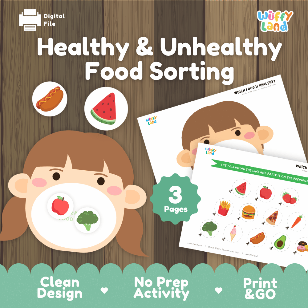 Healthy and unhealthy food sorting printable nutrition activity pack overview from Wuffy Land featuring 3 activity pages 🍎🥦
